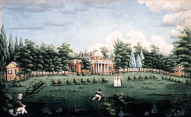 Archivo:View of the West Front of Monticello and Garden, depicting Thomas Jefferson's grandchildren at Monticello, watercolour on paper by Jane Braddick Peticolas 1825 at Monticello.jpg
