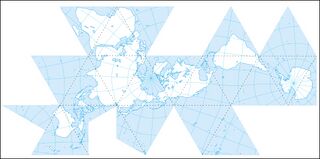 Mapa Dymaxion desplegado buscando las masas de tierra contiguas.