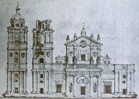 Dibujo de Isidoro Domínguez Díez que muestra el derrumbamiento de la torre de la catedral de Valladolid.