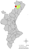 Localización de Villafranca del Cid respecto a la Comunidad Valenciana.