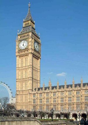 Palace of Westminster - Clock Tower and New Palace Yard from the west - 240404.jpg