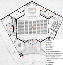 Fig.5: Plano de la planta principal de la iglesia con sus distintos espacios identificados y numerados[7]