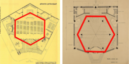 Fig.12:Comparación del uso de hexágono en planta de la iglesia de los Sagrados Corazones (1961-1964), a la izquierda, y la iglesia de Cristo Re (1952-1963), a la izquierda [13]
