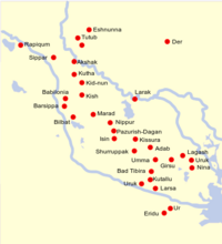 Situación de las ciudades de la antigua Mesopotamia. En la zona más meridional, junto a Eridu, está Ur.