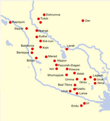 Localización de las antiguas ciudades sumerias