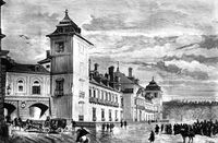 Vista de la fachada principal del Palacio Real de El Pardo, en un grabado de 1885.