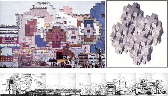05. Diversos dibujos para la Ciudad en el Espacio (1970): fotomontaje, axonometría y alzado (web-Bofill)