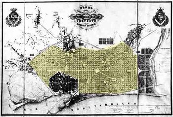 Plan de los alrededores de la ciudad de Barcelona y del proyecto para su mejora y ampliación de Ildefonso Cerdá y Suñer (1859). Es el mejor ejemplo de los ensanches decimonónicos en España.