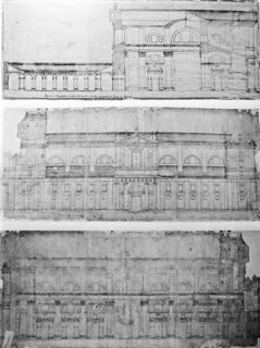Planos originales de Juan de Herrera para la Catedral de Valladolid, custodiados en el archivo de la misma. Arriba, sección transversal con el claustro; en el centro, alzado lateral este y abajo, sección transversal por la nave mayor.
