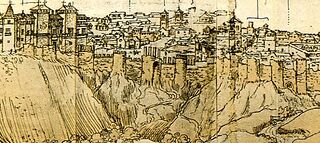 Detalle del dibujo realizado por Anton Van der Wyngaerde en 1562, donde se aprecia la muralla musulmana de Madrid, desde el desaparecido alcázar, a la izquierda, hasta la Puerta de la Vega, a la derecha.