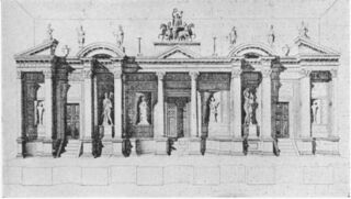 Un proscenio griego mostrando una fachada de un templo con tres puertas, propuesto a principios del siglo XX como un posible origen para el diseño del templón.