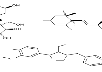 Compuestos antioxidantes aislados de Hemerocallis fulva: (izq) Flomurosido, (der) Roseosido, (abajo) Lariciresinol