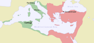 Mapa del Imperio Bizantino en 550. Las conquistas de Justiniano aparecen en verde.