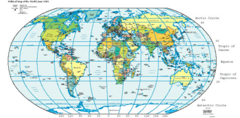 Mapa de la Tierra mostrando las líneas de latitud o paralelos. Las líneas de latitud son Horizontales en este mapa.