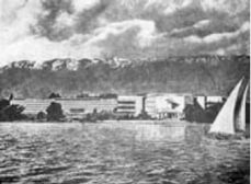 Figura 20. Palacio de la Société des Nations, Ginebra (1927), Le Corbusier - Estudio de la fachada sobre el Lago. Montaje que indica como insertar el proyecto en el lugar de la Perle-du-Lac. Fotomontaje, collage sobre papel transparente 55x56 cms (FLC 23192).