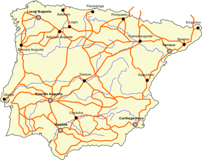 Principales calzadas romanas de Hispania, recogidas en el Itinerario de Antonino.