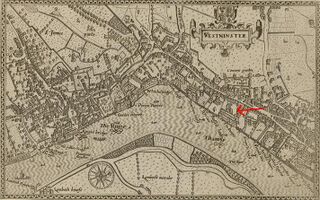 La flecha sobre este mapa de 1593 muestra el palacio de Savoy.