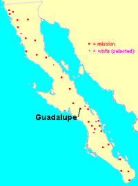 Localización de la misión Nuestra Señora de Guadalupe de Huasinapi y de otras misiones en Baja California Sur‏‎.