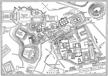 Mapa del centro de Roma durante el Imperio Romano, con el Circo Máximo en la esquina inferior derecha