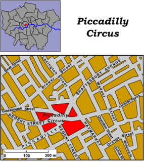 Mapa del West End y Piccadilly Circus]]Piccadilly Circus es una famosa plaza e intersección de calles situada en el West End de [[Londres}}