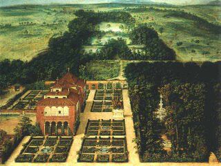 La Casa de Campo, por Félix Castello. En este dibujo, de aproximadamente 1634, se puede ver en los jardines del palacio de los Vargas la escultura de Felipe III