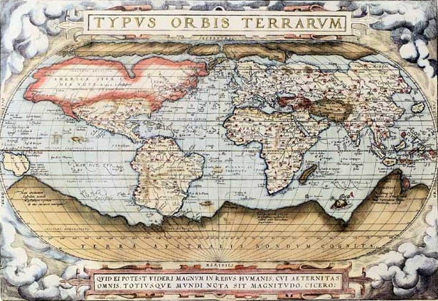Mapamundi del primer atlas moderno por Ortelius - Theatrum Orbis Terrarum (1570)