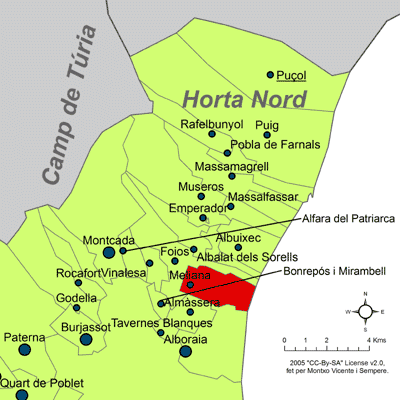 Archivo:Localització de Meliana respecte de l'Horta Nord.png