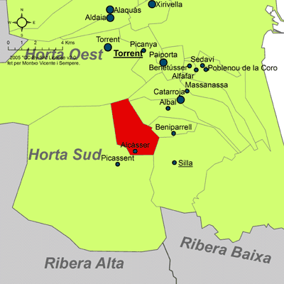 Archivo:Localització d'Alcàsser respecte de l'Horta Sud.png