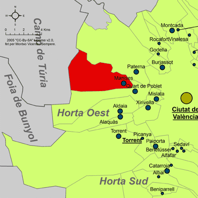Archivo:Localització de Manises respecte de l'Horta Oest.png