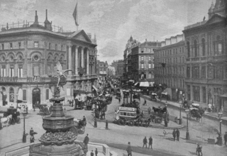 Piccadilly Circus, 1896. Desde The Queen's London : una imagen pictórica y descriptiva de las calles, edificios, parques y escenario de la gran metrópolis, 1986. Towards Leicester Square.