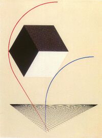 Un proun de Lissitzky, h. 1925. Al comentar en 1921 los proun, Lissitzky afirmó: «Hicimos girar el lienzo... y al tiempo que lo movíamos, nos alzamos nosotros en el espacio».[2]