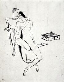Figura 12. Grabado de Farkas Molnár: “Pareja de amantes ante la Haus am Horn” de 1923
