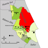 Localización de Sueca respecto a la comarca de la Ribera Baja
