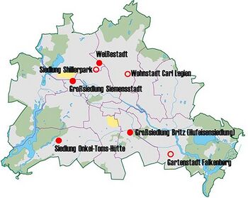 Mapa indicando la ubicación de las principales siedlungen berlinesas. El punto rojo corresponde a las cuatro presentadas en el artículo. Tres de ellas (Hufeisensiedlung, Weiße Stadt, y Siemensstadt), junto con las tres señaladas con el círculo sin rellenar, son las seis seleccionadas por la UNESCO como Patrimonio de la Humanidad.