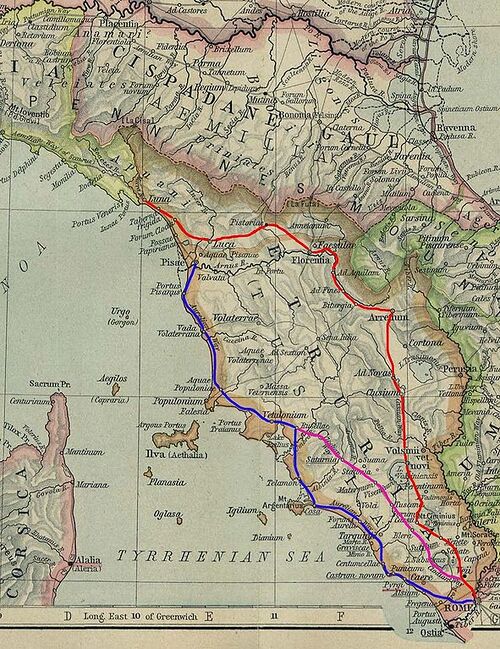 En azul el primer trazado de la via Aurelia, en rojo la via Cassia, en violeta la via Clodia.