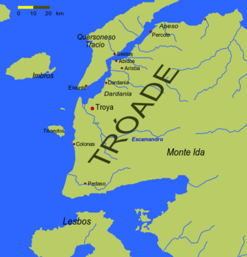 Mapa de Tróade en la época de Homero.