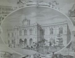 Grabado alegóríco y artístico hecho con motivo de la Exposición Internacional de Lima de 1872 en el cual se puede ver el Palacio de la Exposición Nacional de Lima