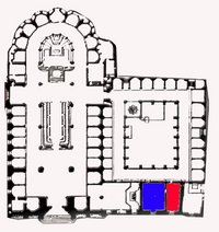 Situación de la sala de cabrevación (en azul) y de la sala capitular nueva (en rojo).