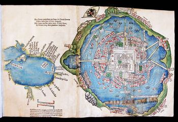 Tenochtitlán. Imagen de la página de un libro publicado en 1524. A la derecha, mapa de Tenochtitlán. A la izquierda, esbozo del Golfo de México. Atribuida a un colaborador de Hernán Cortés.