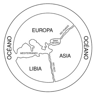 Apariencia probable del ahora perdido primer mapa del Mundo (Anaximandro, 610 a 546 a. C.).