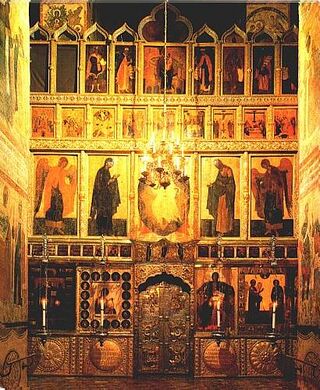 Fila de Deesis De cinco paneles, Iconostasis en la Catedral de la Anunciación en el Kremlin de Moscú por Theophanes el griego, 1405 - primer Iconostasis de cinco filas