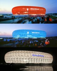 Distintas visualizaciones nocturnas del exterior del Allianz Arena.