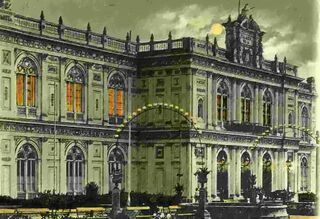 Palacio de la Exposición Nacional de Lima en el crepúsculo. Postal de 1900