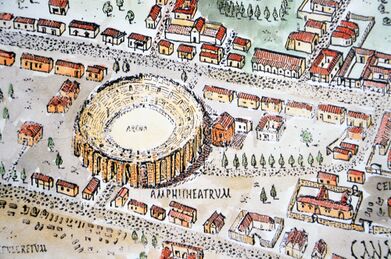 Reconstruction drawing of the military amphitheatre of Aquincum (Budapest) (36992311256).jpg