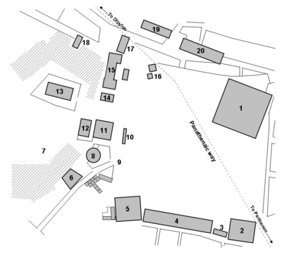 Plano que muestra los edificios principales y estructuras del ágora de Atenas como era en el siglo V a. C.}}