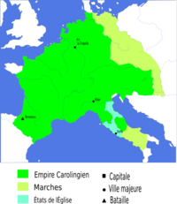 El Imperio Carolingio‏‎ y su capital, Aquisgrán, a principios del siglo IX.