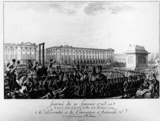 La ejecución de Luis XVI. A la derecha, el pedestal de la estatua de Luis XV.