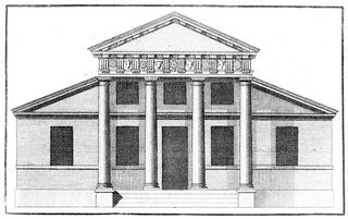 Proyecto de villa con pórtico superpuesto, del libro IV de I Quattro Libri dell'Architettura de Andrea Palladio, en una edición publicada en Londres en 1736.