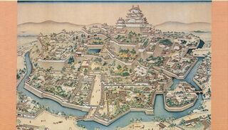 Pintura antigua que muestra el sistema de laberintos del castillo, destacándose la torre central sobre el Monte Himeji