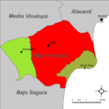 Localización de Elche respecto a la comarca del Bajo Vinalopó